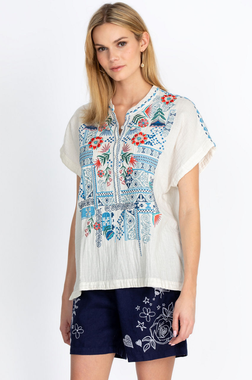 NWT Johnny Was Biya Gray Embroidered Chrisley Button Short deals Sleeve Gauze Blouse S