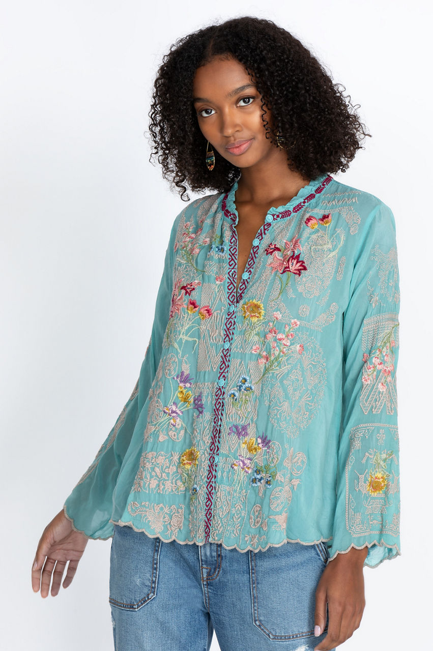 JOHNNY WAS Allbee Embroidered Floral Geometric Print Ruffle Banded Collar  Long Sleeve Button Front Scallop Hem Blouse