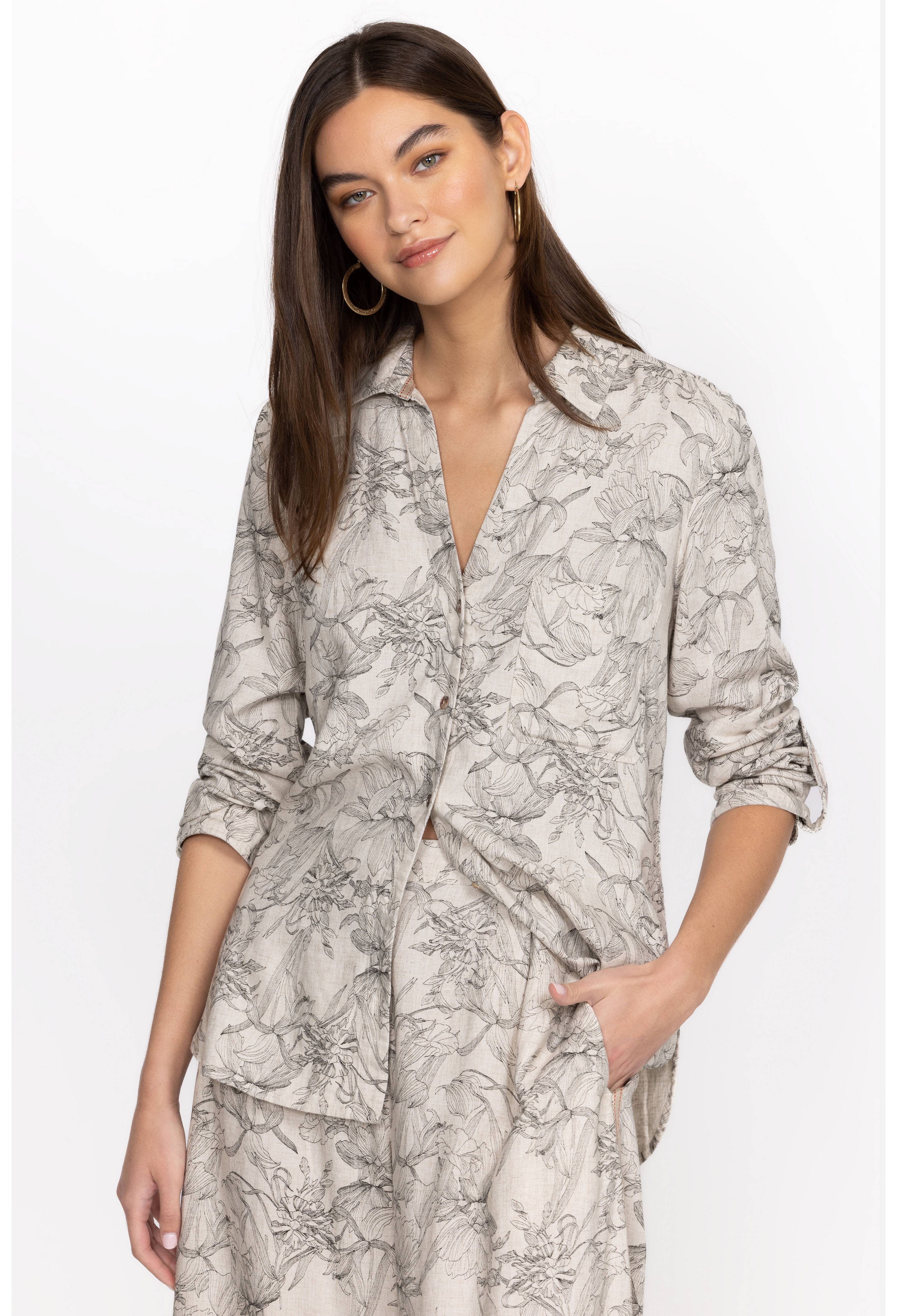 Etched Floral Relaxed Linen Shirt, , large image number 1