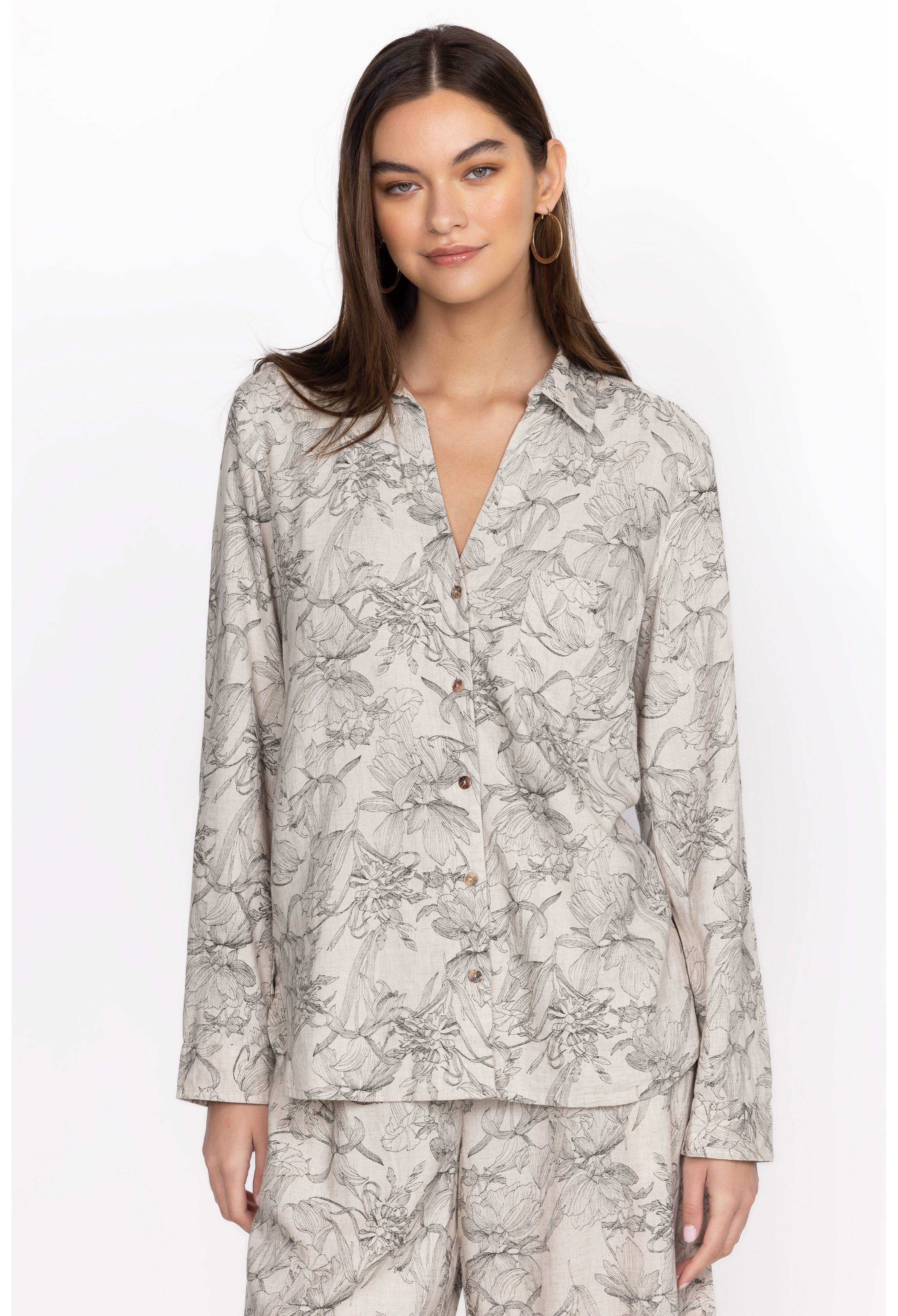 Etched Floral Relaxed Linen Shirt, , large image number 2