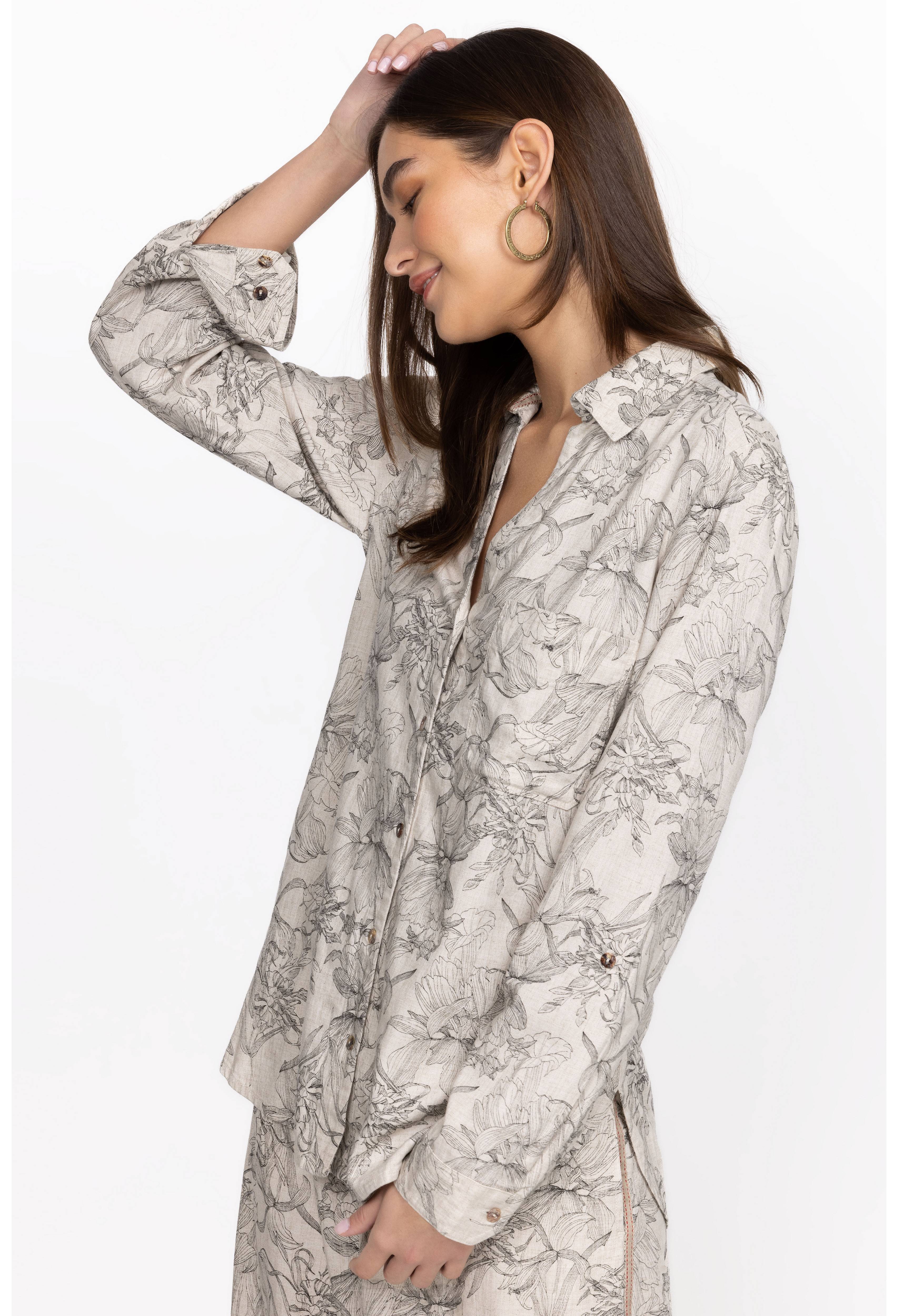 Etched Floral Relaxed Linen Shirt, , large image number 3