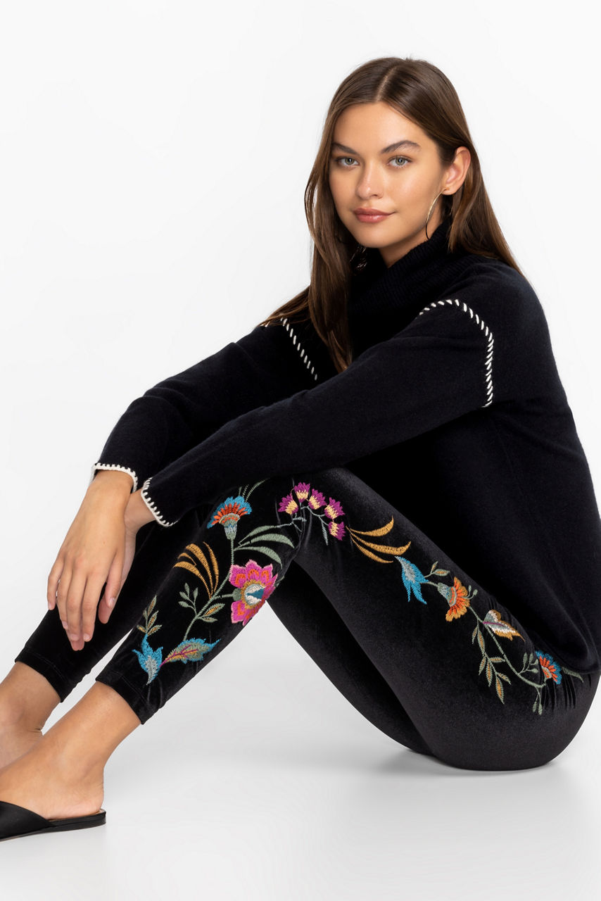 JOHNNY WAS Zoe Stretch Cotton Knit Embroidered Pull-On Leggings