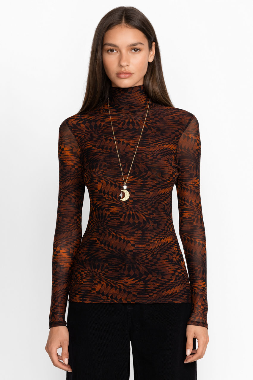 Women's Leopard Print Mesh Turtle Neck Long Sleeve Top