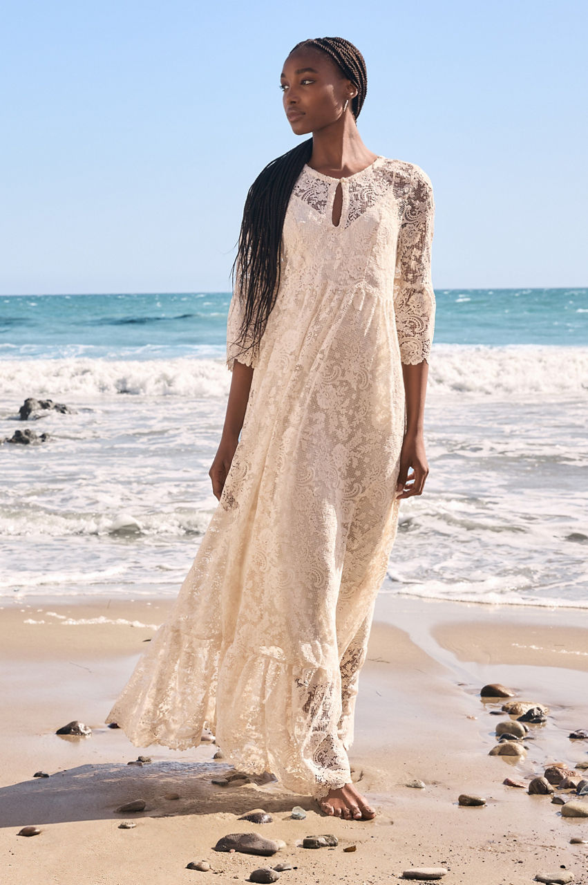 Women's Beach Cover Up Lace Maxi Dress in Ecru