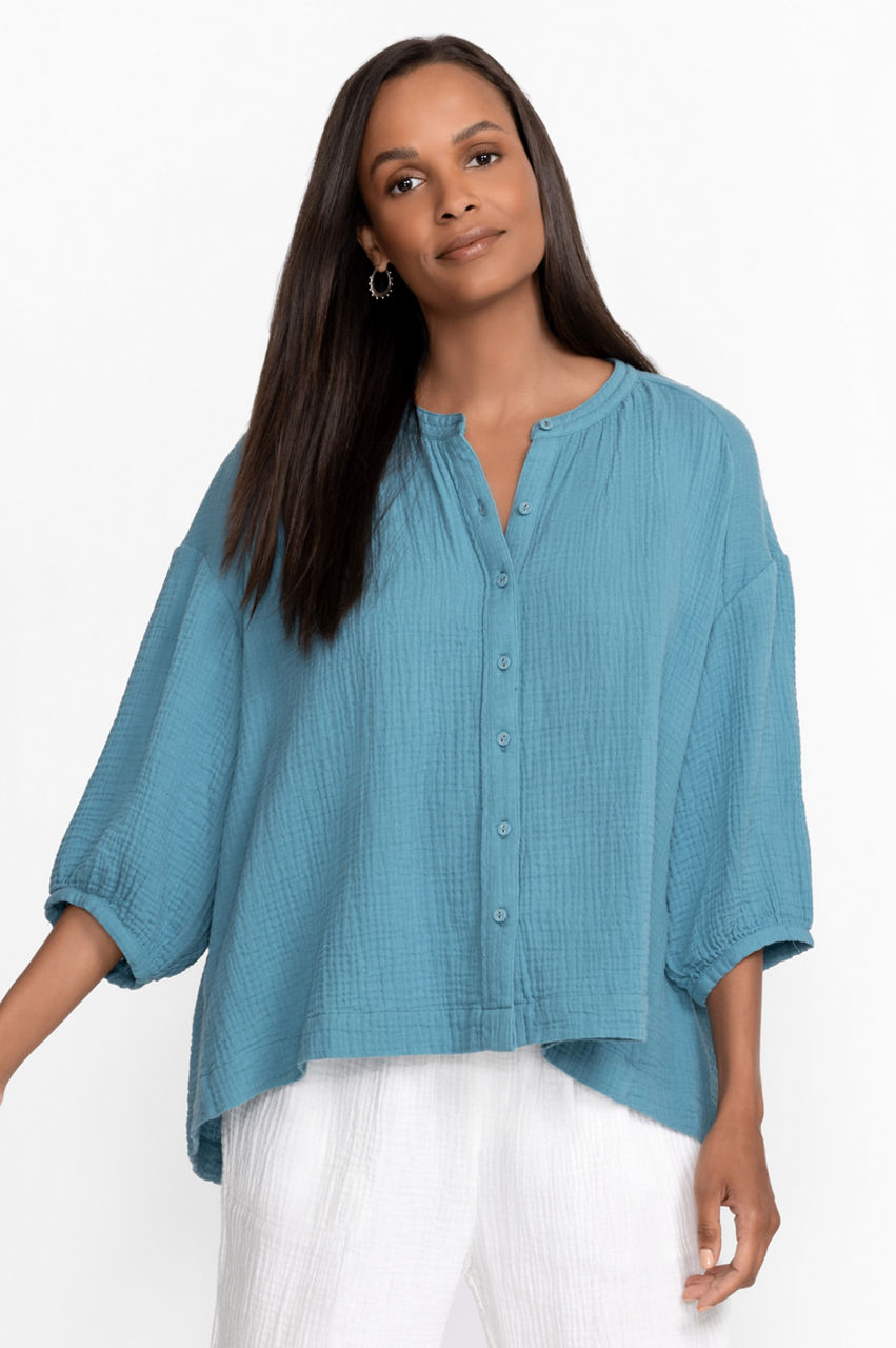 Buy Shirred Neck Button Down Blouse | Johnny Was