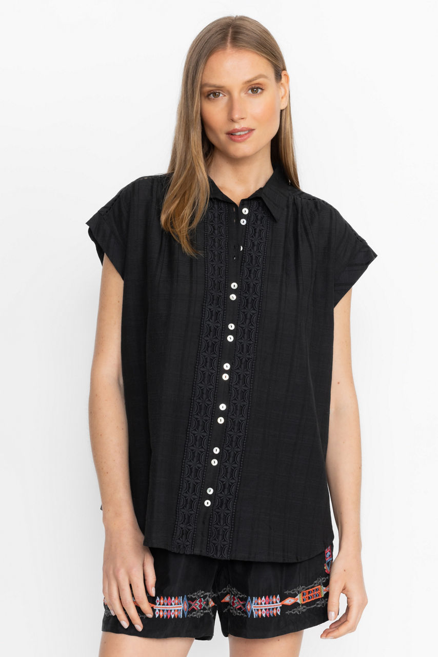 BUTTONDOWN TUNIC WITH SHOULDER SHIRRING