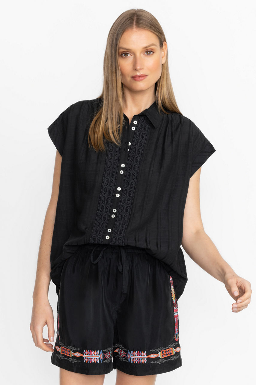 BUTTONDOWN TUNIC WITH SHOULDER SHIRRING