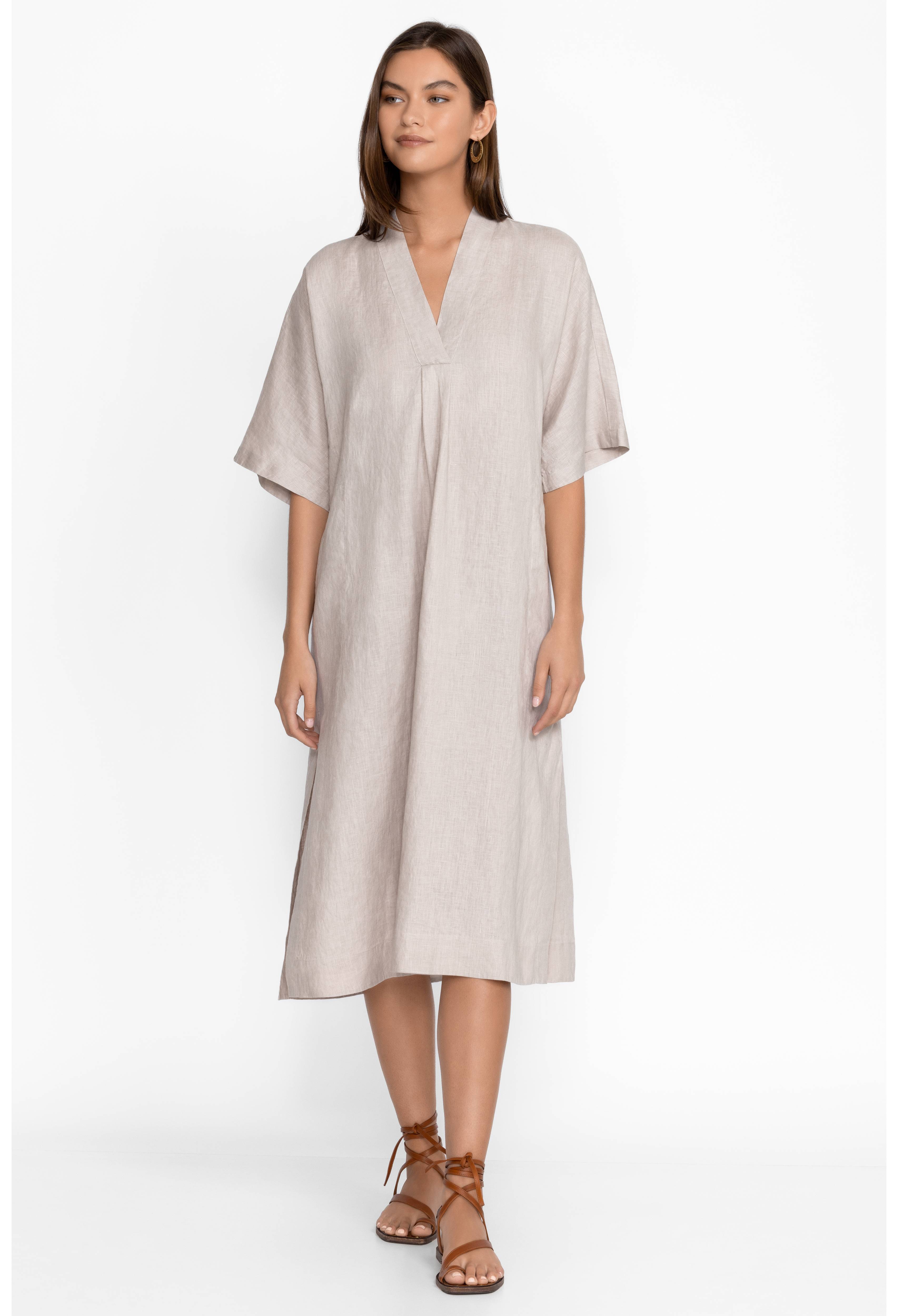 Linen V-Neck Kaftan Midi Dress, , large image number 1