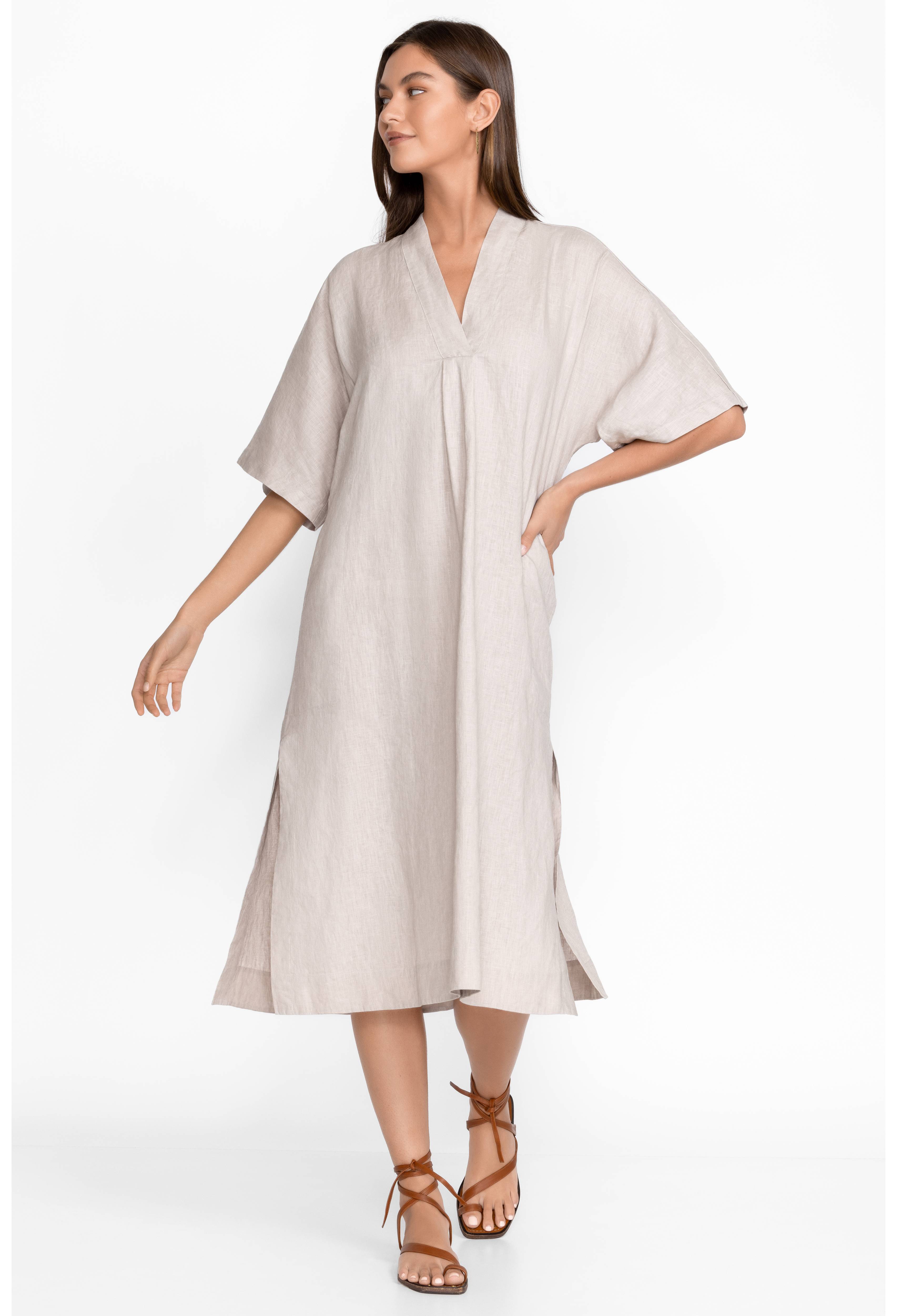 Linen V-Neck Kaftan Midi Dress, , large image number 3