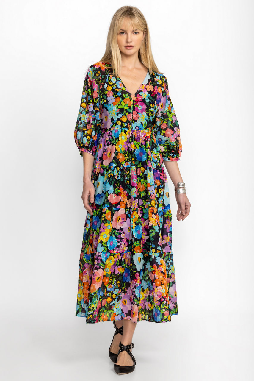 Midi Dresses for Women 3/4 Sleeve Summer Boho Floral Printing Wrap
