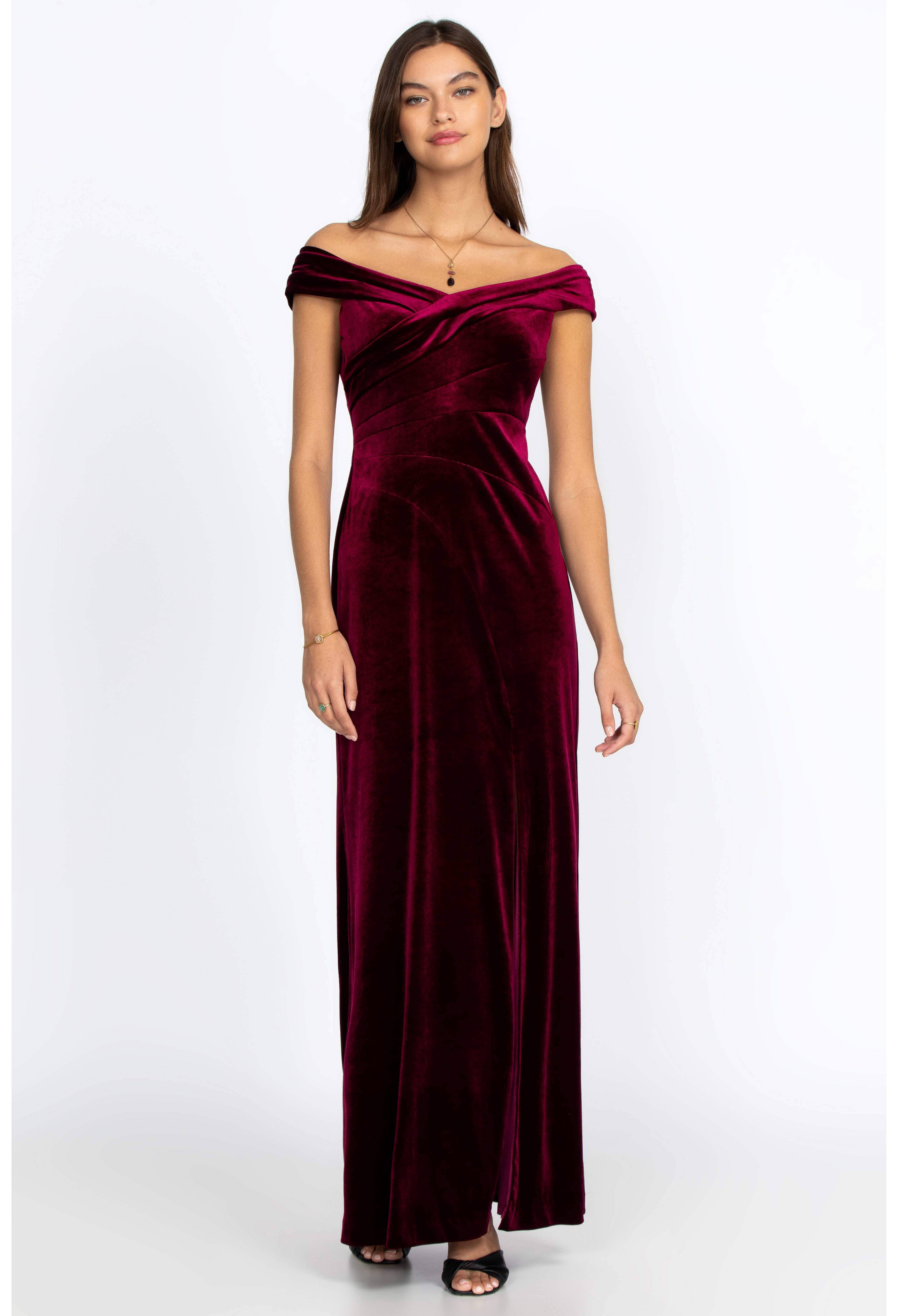 Burgundy Solid Stretch Velvet Dress, , large image number 1